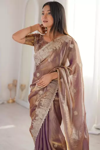 Mauve silk blend zari work embroidered saree