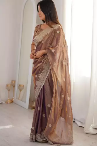 Mauve silk blend zari work embroidered saree