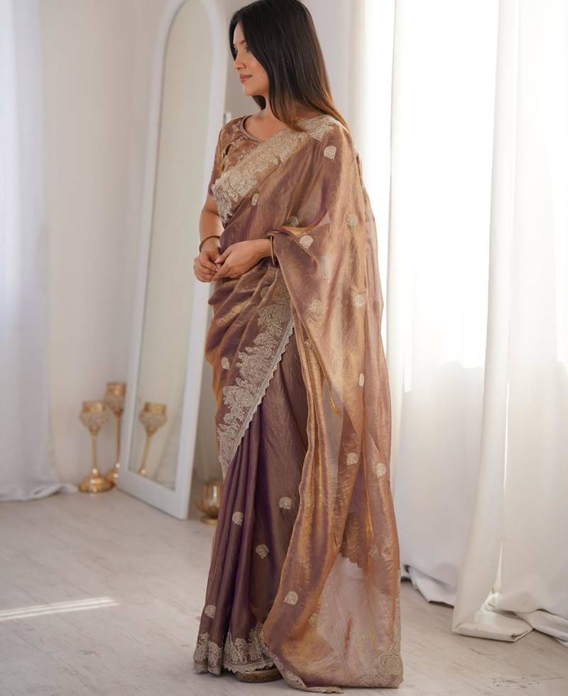 Mauve silk blend zari work embroidered saree