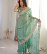 Light green silk blend zari work embroidered saree
