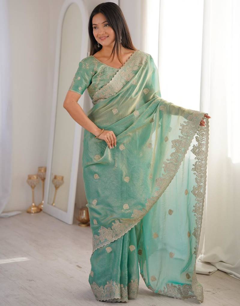 Light green silk blend zari work embroidered saree