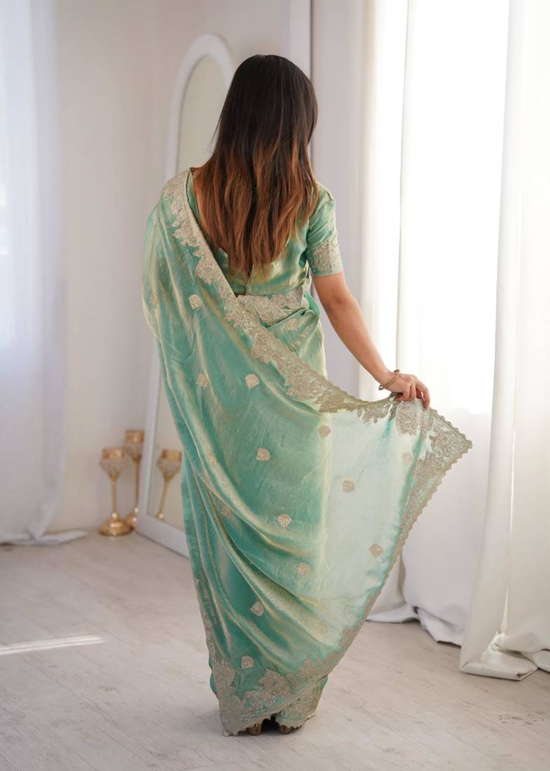 Light green silk blend zari work embroidered saree