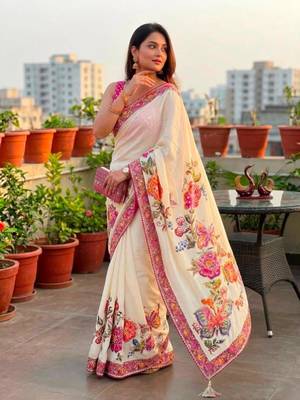 Cream silk blend floral print printed saree 1