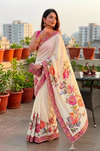Cream silk blend floral print printed saree