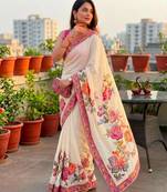Cream silk blend floral print printed saree