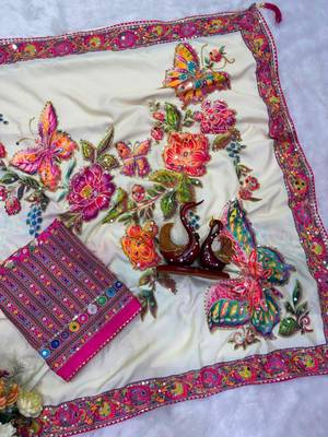 Cream silk blend floral print printed saree 2