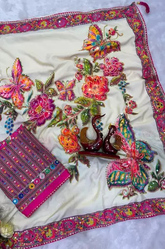 Cream silk blend floral print printed saree