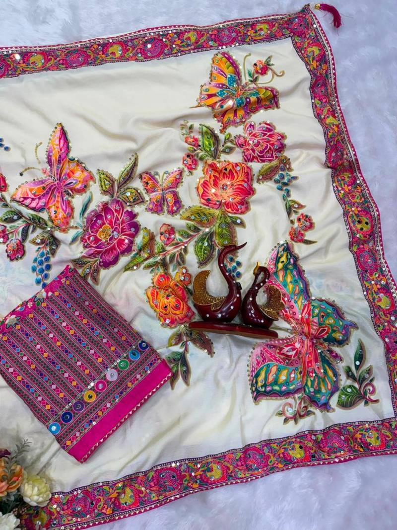 Cream silk blend floral print printed saree