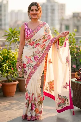 Cream silk blend floral print printed saree