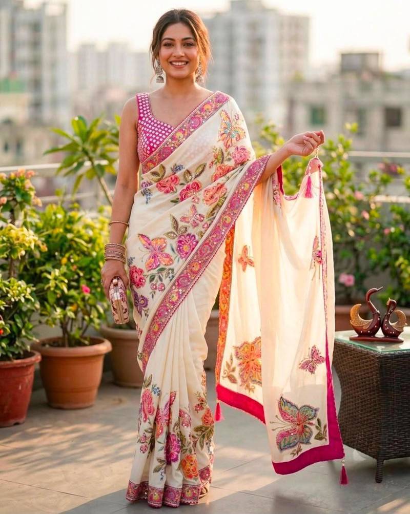 Cream silk blend floral print printed saree