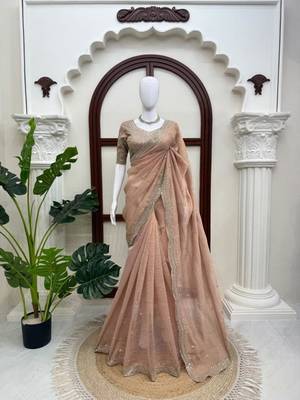 Peach tissue sequins work embroidered saree 1
