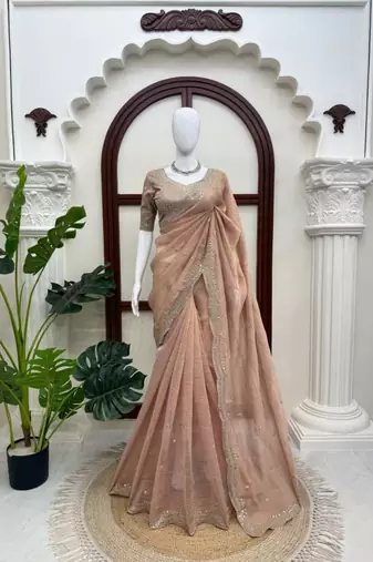 Peach tissue sequins work embroidered saree