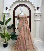 Peach tissue sequins work embroidered saree
