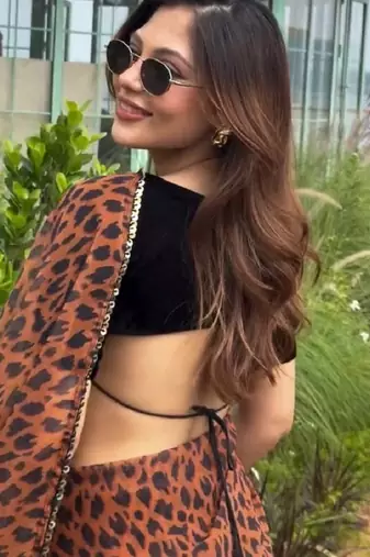 Women   s brown leopard print saree with black blouse