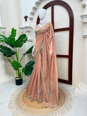 Peach tissue sequins work embroidered saree 2