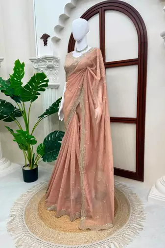 Peach tissue sequins work embroidered saree