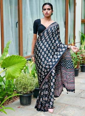 Beautiful black ajarakh print with real mirror work saree 1