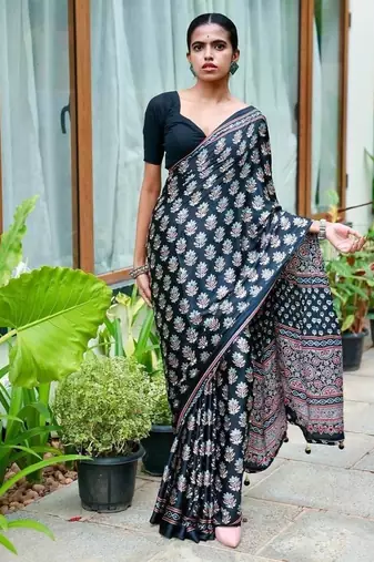 Beautiful black ajarakh print with real mirror work saree