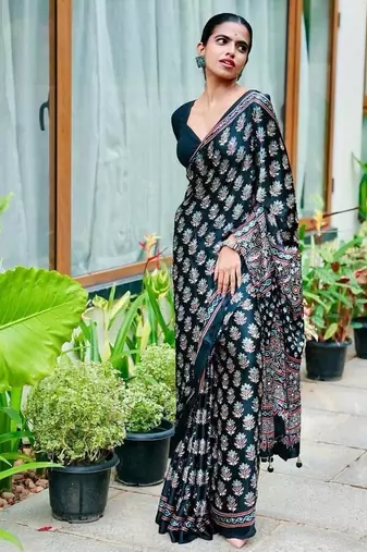 Beautiful black ajarakh print with real mirror work saree