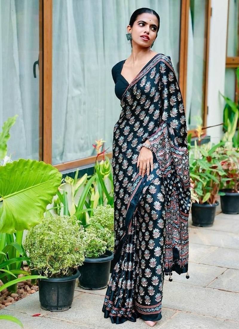 Beautiful black ajarakh print with real mirror work saree