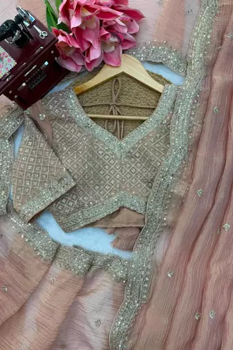 Peach tissue sequins work embroidered saree