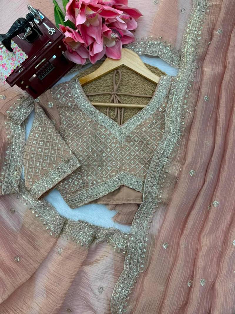 Peach tissue sequins work embroidered saree