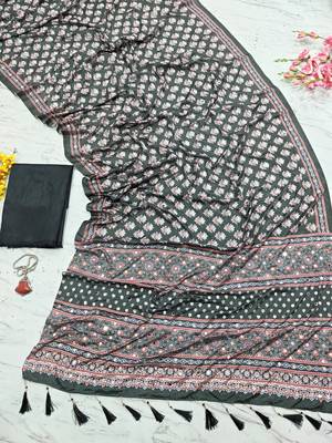 Beautiful black ajarakh print with real mirror work saree 3