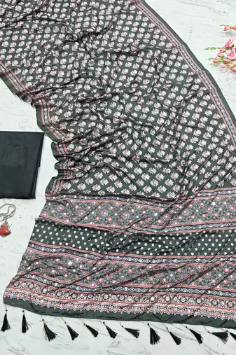 Beautiful black ajarakh print with real mirror work saree