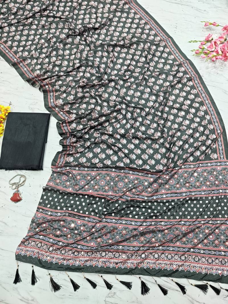 Beautiful black ajarakh print with real mirror work saree