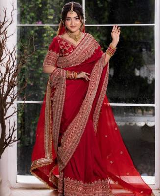 Blood red satin sequins work embroidered saree 1