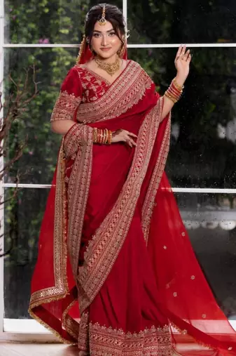 Blood red satin sequins work embroidered saree
