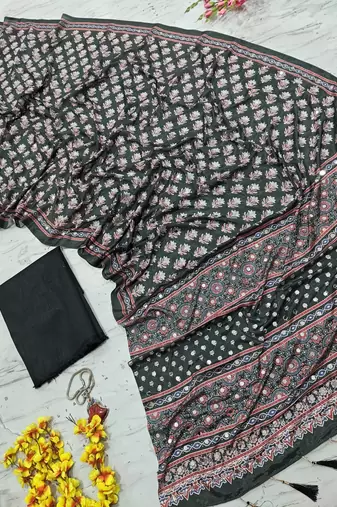 Beautiful black ajarakh print with real mirror work saree