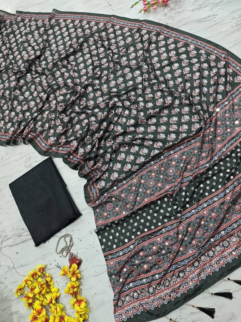 Beautiful black ajarakh print with real mirror work saree
