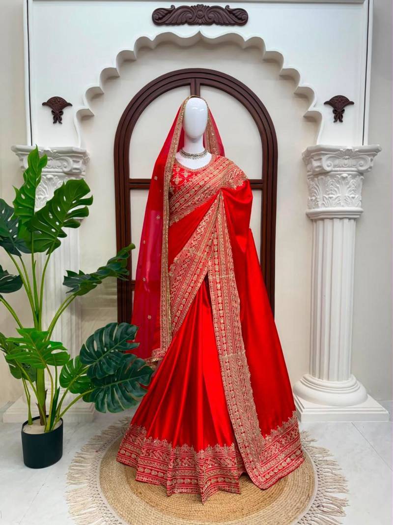 Blood red satin sequins work embroidered saree