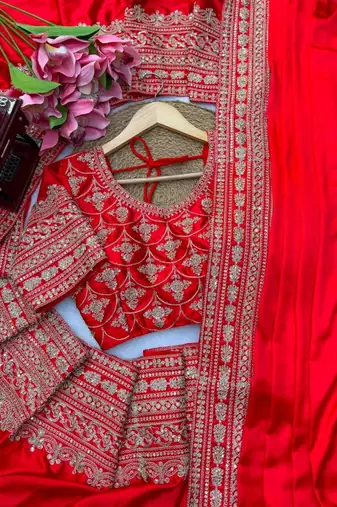 Blood red satin sequins work embroidered saree