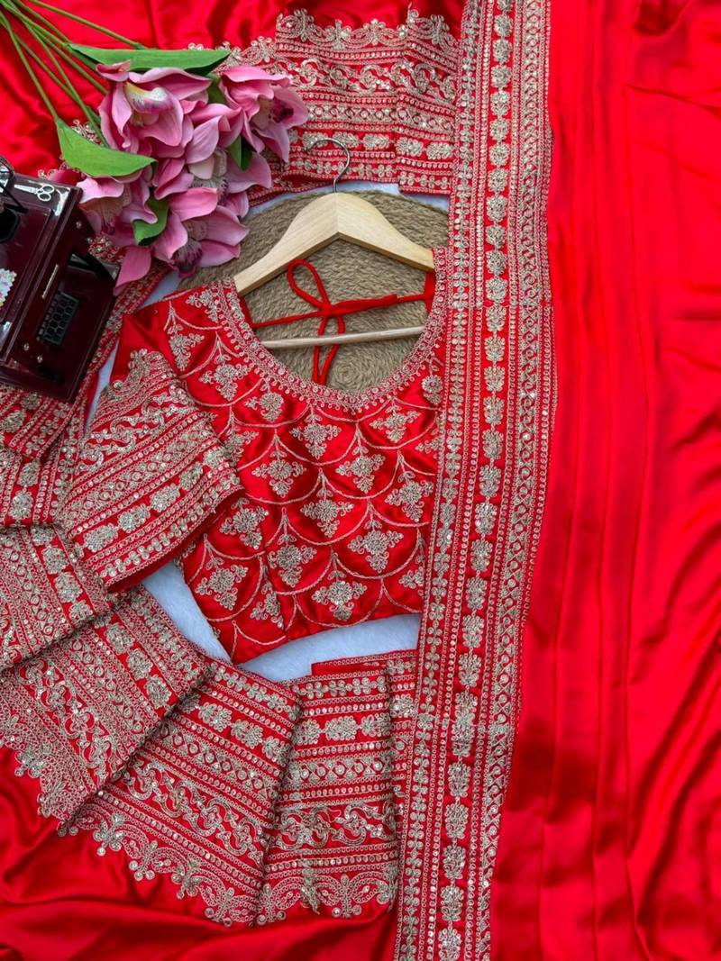 Blood red satin sequins work embroidered saree
