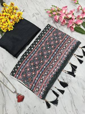 Beautiful black ajarakh print with real mirror work saree 5