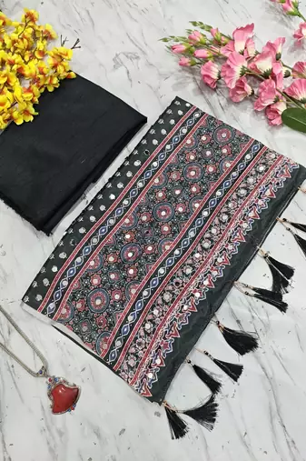 Beautiful black ajarakh print with real mirror work saree