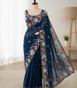 Navy blue georgette resham embroidery embroidered saree