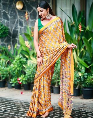 Beautiful yellow ajarakh print with real mirror work saree 1
