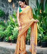 Beautiful yellow ajarakh print with real mirror work saree