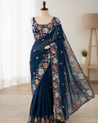 Navy blue georgette resham embroidery embroidered saree 2