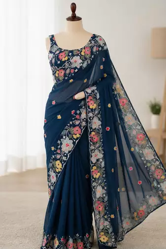 Navy blue georgette resham embroidery embroidered saree