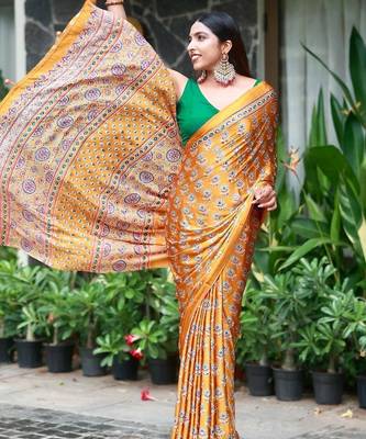 Beautiful yellow ajarakh print with real mirror work saree 2