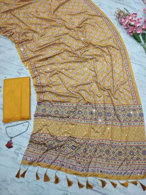 Beautiful yellow ajarakh print with real mirror work saree 3