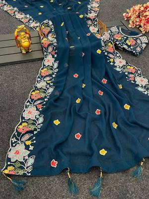 Navy blue georgette resham embroidery embroidered saree 3