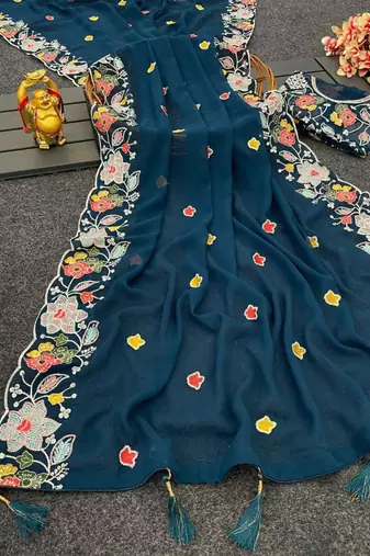 Navy blue georgette resham embroidery embroidered saree