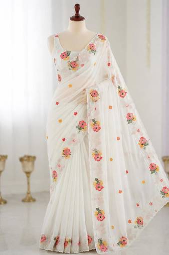 White georgette sequins work embroidered saree