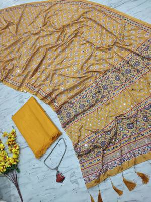 Beautiful yellow ajarakh print with real mirror work saree 4