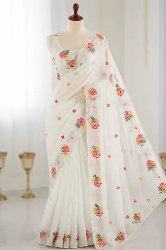 White georgette sequins work embroidered saree